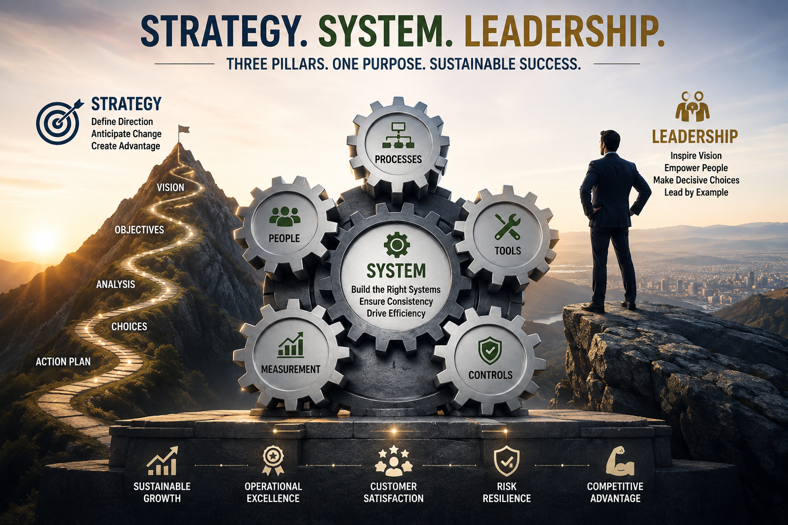 Infographic showing strategy, management systems, and leadership as three pillars, with a mountain path, interlocking gears, and a leader overlooking a city.