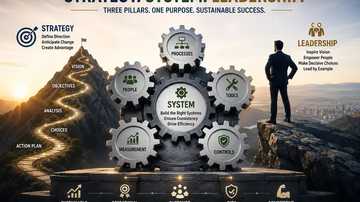 Infographic showing strategy, management systems, and leadership as three pillars, with a mountain path, interlocking gears, and a leader overlooking a city.