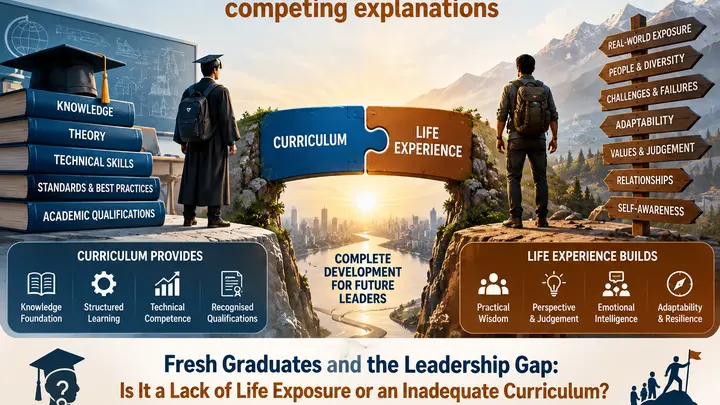Graduate on one cliff and backpacker on another, linked by a blue Curriculum and orange Life Experience bridge over a city.